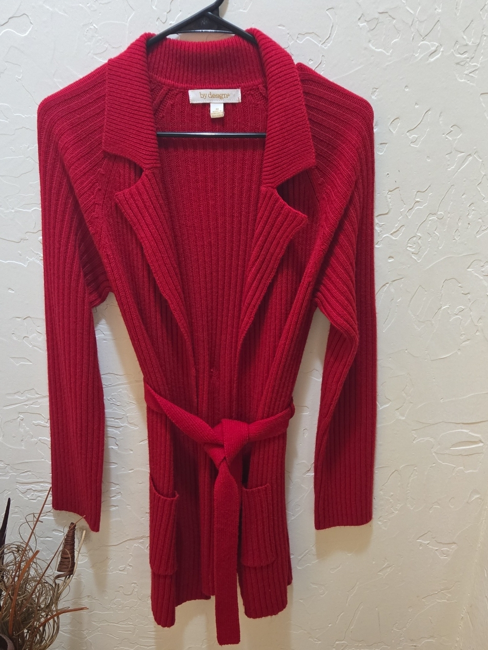 By Designers Red Ribbed Belted Cardigan with Patch Pockets